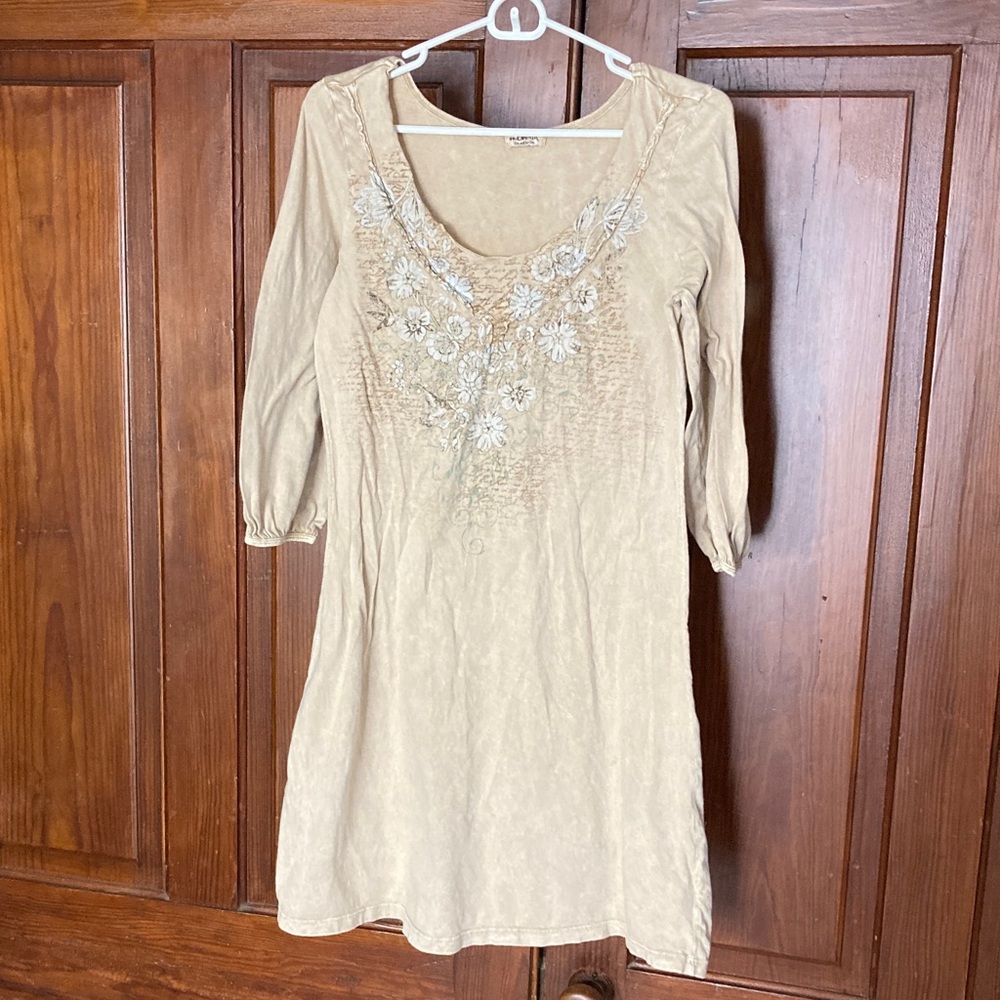 One World Brown 3/4 Sleeve Floral Mini 100% Cotton Dress Size L Scoop Neck